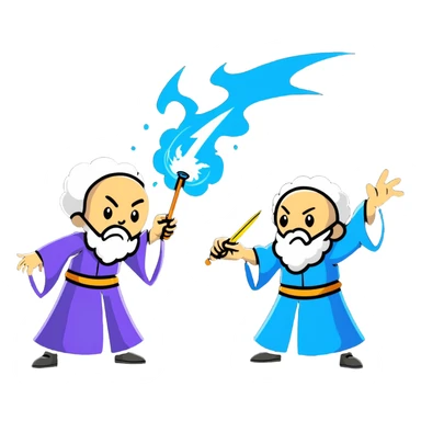 wizard and brain dueling with colorful spell blasts sticker