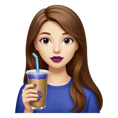 girl with long brown hair, wine lipstick, gold nail polish, drinking a blueberry butter pecan iced coffee with a metallic straw  sticker