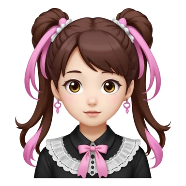 jirai kei, девушка с длинными темно каштановыми волосами и несколько розовых прядей по всей голове в разных местах, прическа два высоких хвоста заплетённые пушистыми белыми резинками. милое лицо. с sticker