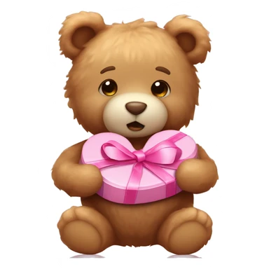 Light brown fluffy teddy bear holding a box of pink heart chocolates and has a bow on its head that’s light pink  sticker