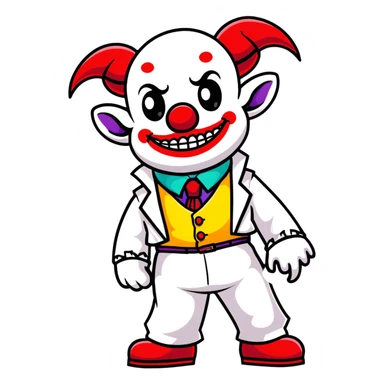 full-body demonic clown in a white leisure suit with bellbottom pants, bald, black ram horns, flashy belt, ruffled shirt, colorful tie, no elevator shoes sticker