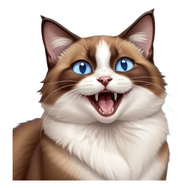 Cinematic Cute Yawning Brown Mantle Snowshoe Cat Portrait Emoji, Head tilted slightly with a dramatic, wide-open yawn, smooth brown fur draping elegantly over its back with contrasting white paws, chest, and facial markings, piercing icy-blue eyes that are barely open, Simplified yet irresistibly adorable features, highly detailed, glowing with a soft, cozy glow, high shine, relaxed yet expressive, stylized with a touch of whimsy, bright and endearing, soft glowing outline, capturing the essence of a sleepy yet affectionate kitty, so drowsy it feels like it could stretch right out of the screen and curl up for a nap! sticker