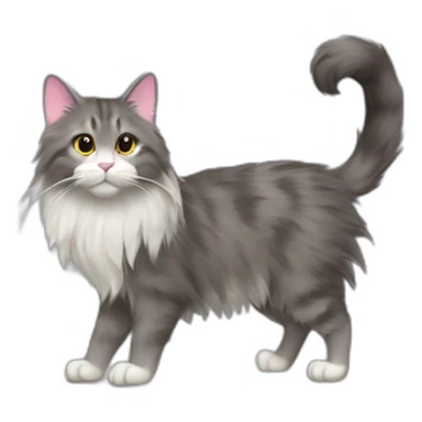 grey norweigian forest cat walking profile furry bushy tail long whiskers furry and fluffy white front and back paws eyes a pink dark brown edged nose small triangular ears sticker