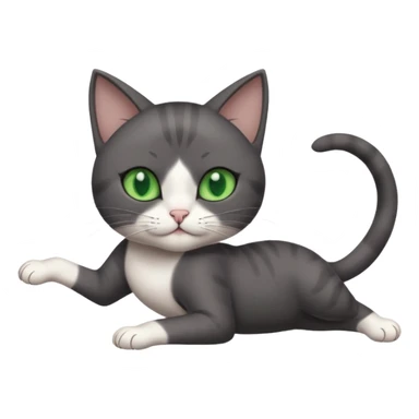 dark grey cat with green eyes, white toes/paws and white patch on her chest playfully rolling upside down sticker