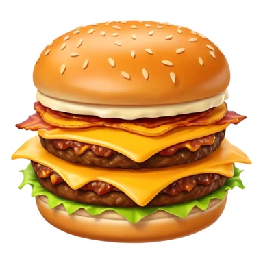 bacon burger object icon, crispy bacon strips, beef patty, melted cheese, sesame bun, 3D cartoon, mobile game icon style, clean background, no text, no watermark
 sticker
