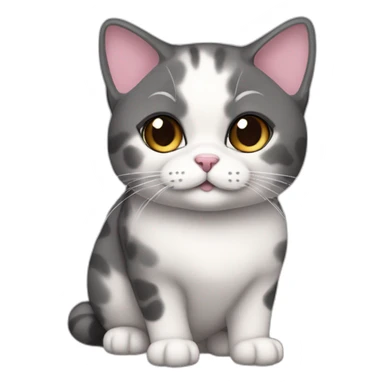 senior chubby diluted calico cat, white chin, pink and black nose, grey ears, grey and white sticker