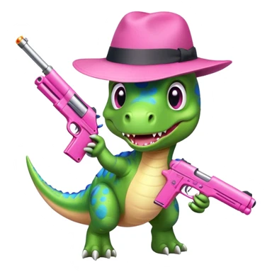 dino with a hat and a pink gun sticker