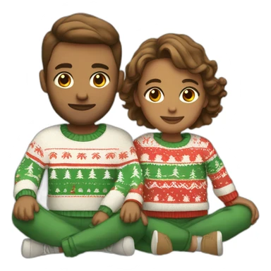 gay couple sitting in christmas sweathers and sweatpants with brown faded haircut sticker