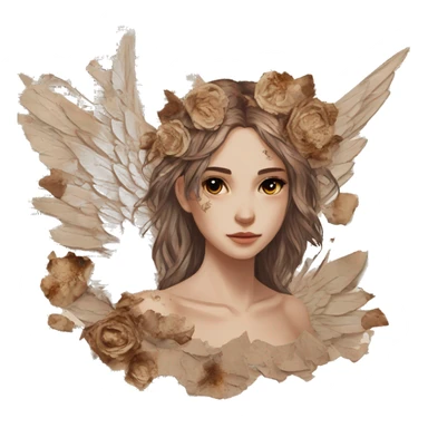 Library book bookworm academia aesthetic beige angel broken angel fallen angel tattoos with broken wing damaged wing torn wing, made of newspaper cuttings and dried flowers brown flowers sticker