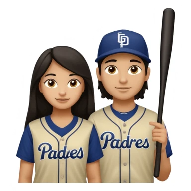Couple in a game with dark hair but olive skin. They are girlfriend and boyfriend. Not sibling. Girl has long dark and dimples on the cheeks. The boy has dark hair but shortand prominent eyebrows with egipcian nose. Both are wearing “Los Padres” baseball jerseys and with a sign that says “Go Padres” sticker