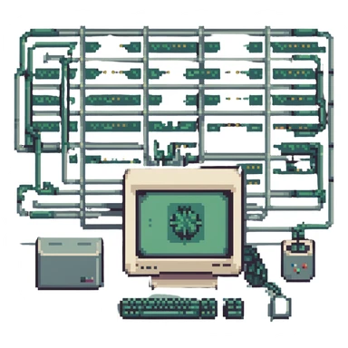 AI banner with pixelated computer and neural network, retro vibe sticker