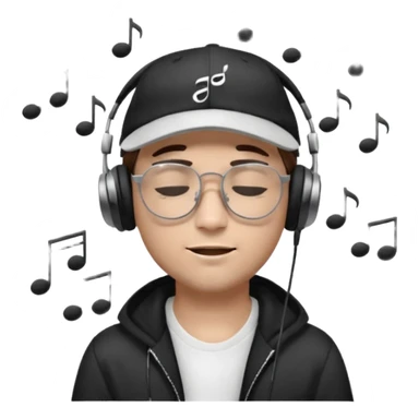dj man white with baseball cap - rayban glasses - brown hair - closed eyes with headphones on with musical note over head (listening to music ) - eyes closed no glasses - black hat  musical notes floating around head sticker