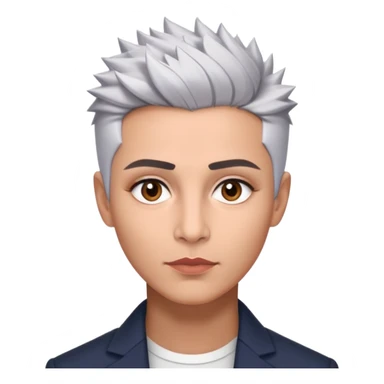 Marian Pabón with elegant facial features, light rosy complexion, expressive made-up eyes, medium well-defined lips, sophisticated pronounced cheekbones, short spiky silver hair styled like a men's cut sticker