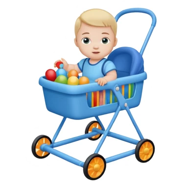 blue baby walker with toys on  it and baby is sittting sticker