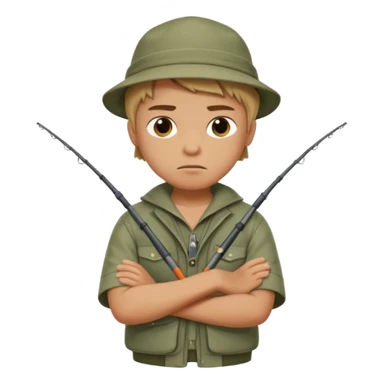 A boy with crossed arms, looking annoyed, dressed in fishing clothes. sticker