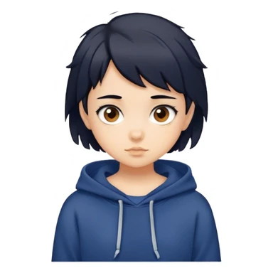 A girl with really short messy black hair in a navy blue sweatshirt with brown eyes and is 10 years old sticker