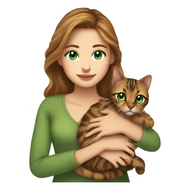 a beautiful girl with green eyes and brown hair is holding a Bengal cat with blue eyes in her arms sticker