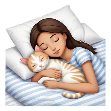 side view brunette teenage girl sleeping with white cat that has beige stripes on a white pillow with white sheets sticker