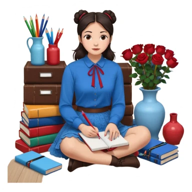A woman with dark hair, straight and dark brown, styled in two buns, wears a blue long-sleeved shirt and a brown lace ruffled skirt. She holds a crayon in one hand. She sits on the floor with her legs crossed. The floor is covered with five stacks of colorful notebooks and a vase of red roses.  sticker