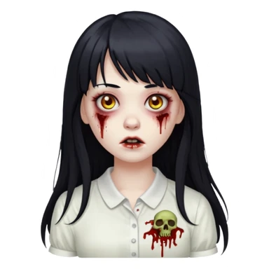 Um emoji de uma menina zombie de blusa branca num fundo preto de cabelo longo e preto e franjinha sticker