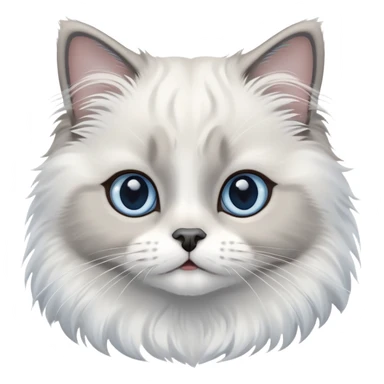 cinematic-adorable-big-eyed-fluffy-white and grey-ragdoll-cat-portrait-emoji,-head-tilted-playfully-with-a-sweet-expression,-fluffy-grey seal colour with white-fur,-simplified-yet-irresistibly-cute-features-with-large,-blue eyes expression, sticker
