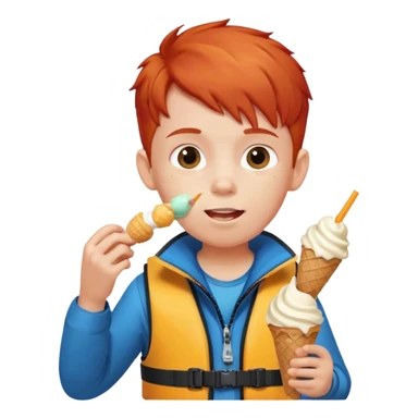 boy kid red haired wearing lifejacket, eating ice cream sticker