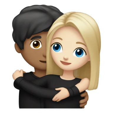 dark Blonde girl with blue eyes in black sweater and an east asian with light skin man with black hair and black eyes hugging sticker