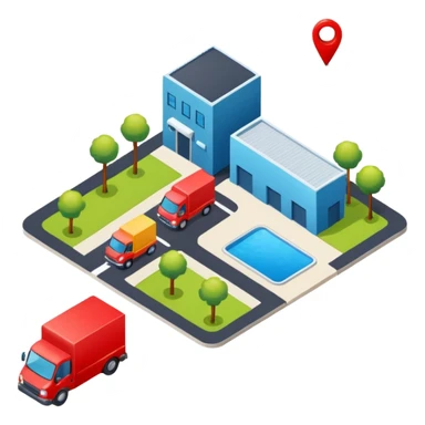 top-down view of a map with a pushpin, a truck, and an industrial company, all elements clearly visible, friendly colors, neutral background, bird's eye perspective sticker