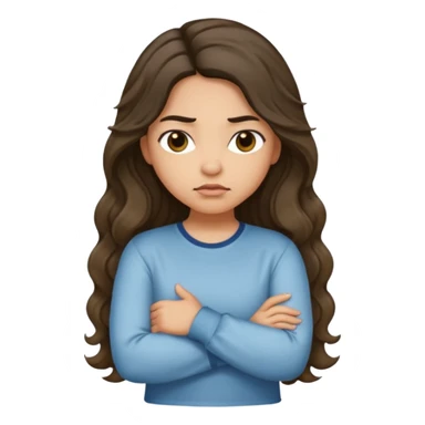 Hispanic light tan girl with long dark wavy hair with arms folded while pouting. Wearing a long sleeve. Hair with middle part. sticker