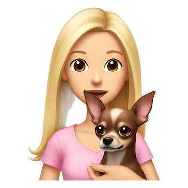 Waist-high angle A girl with straight blonde hair with pale pink lips and brown eyes in a pink T-shirt holds a dark brown chihuahua in her hands at her chest sticker