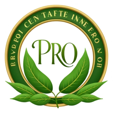 Crea un emoji de un sello o escudo elegante con un borde de ramitas de hojas verdes. En el centro, las letras 'PRO' o un ícono de check (✓) para simbolizar fórmulas probadas. Estilo de certificación. sticker