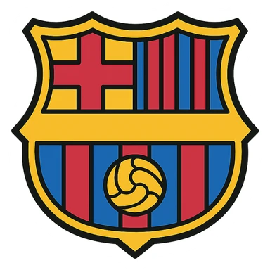 simple and bold FC Barcelone inspired icon featuring blue and garnet stripes, yellow cross, and football, modern icon style sticker