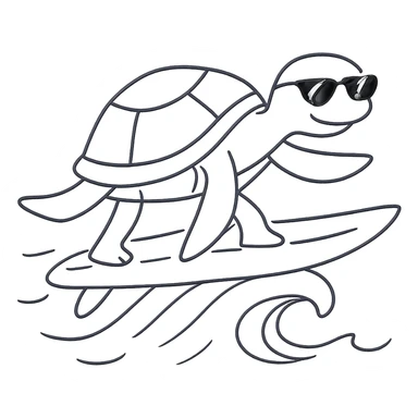 Add cool sunglasses to the surfing turtle. Keep the hand drawn icon style with sketchy lines and whimsical feel, no background. sticker
