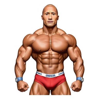 Dwayne Johnson, oiled and posing at the Mr. Universe bodybuilding championship, showcasing his muscular physique in an iconic display of strength. The background features the stage with judges and audience, capturing the intensity and prestige of the competition. Transparent background. sticker