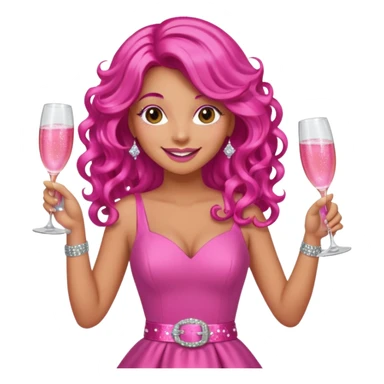 One lady with long hot pink curled hair and tan skin wearing a pink dress with sparkly belt holding a glass of pink champagne in each hand smiling cheerfully  sticker