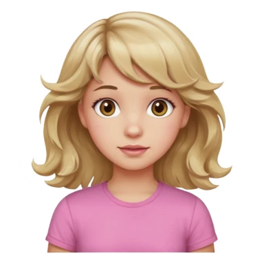 girl with wavy dirty blonde hair and wavy bangs, hazel eyes, white skin, pink cute shirt sticker
