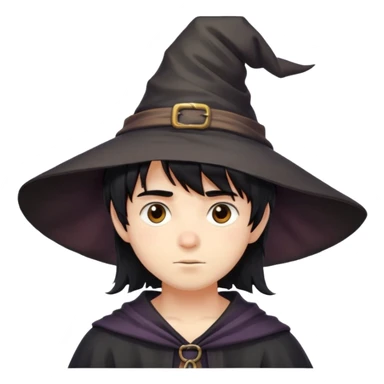 Cute boy with bangs and messy black hair with witch hat sticker