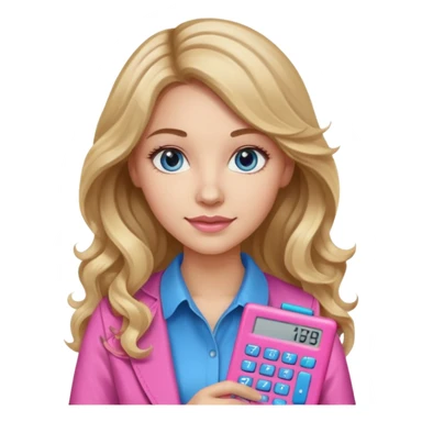 pretty female with long wavy brown hair with blonde highlights and blue eyes holding a pink calculator sticker