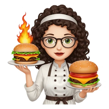 A female chef with glasses, dark brown long curly hair, White skin,Green eyes and setimg a burger on fire sticker