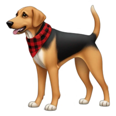 adult 75% Coonhound 25% German Shepherd mix dog with visible tail wearing small pointed red buffalo plaid bandana full body walking left quickly sticker