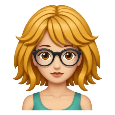 Uma garota de cabelos cacheados compridos e mechas loiras, com pele morena  e óculos sticker