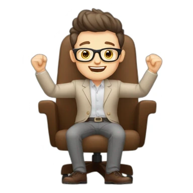 Joyful Celebrating victory Hands up Pale skinned Fit Man With dark brown hair in gray jacket, beige office shirt, Brown pants and vintage glasses sitting In a soft chair sticker