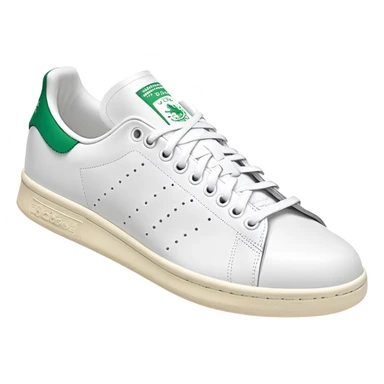 Classic white Adidas Stan Smith sneaker with green heel tab, white leather body, side view, perforated three stripes, iOS emoji style sticker