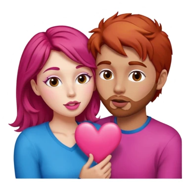 mujer pelirroja y hombre con pelo café haciendo cara de beso pero con un corazón entremedio sticker