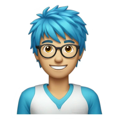 A boy with blue hair, round glasses and a dental appliance behind a computer sticker