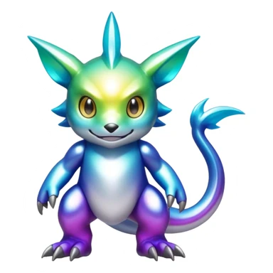 white iridescent colorful metallic alloy gradient shiny glossy Fakémon-Digimon-creature-hybrid (full body) sticker