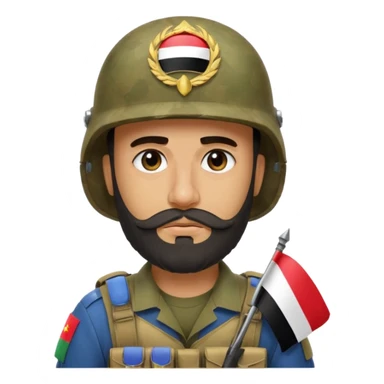 A tired and sad, swarthy Iraqi soldier with a beard, an Iraqi flag on his helmet, a sad expression and bags under his eyes sticker