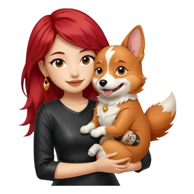 apple-style emoji of an Asian girl with long hair and wispy deep side bangs, wearing a black leather dress, gold earrings, false lashes, and a 3/4 sleeve tattoo on her left arm, hugging a happy red head tri-color corgi, simplified, clear, emoji-like sticker