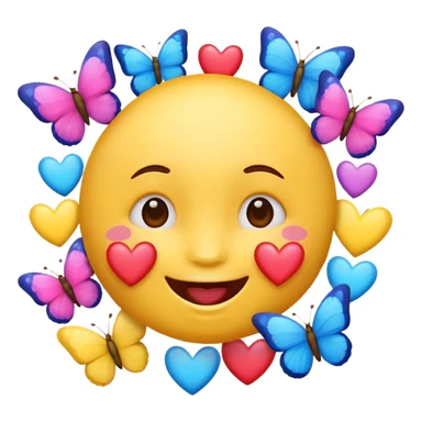 joyful emoji face surrounded by colorful hearts and butterflies sticker