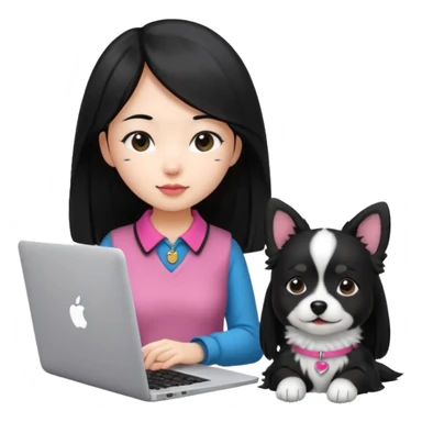 Asian girl with long black hair working on an Apple laptop, next to her is a small black and white dog with pink collar on  sticker